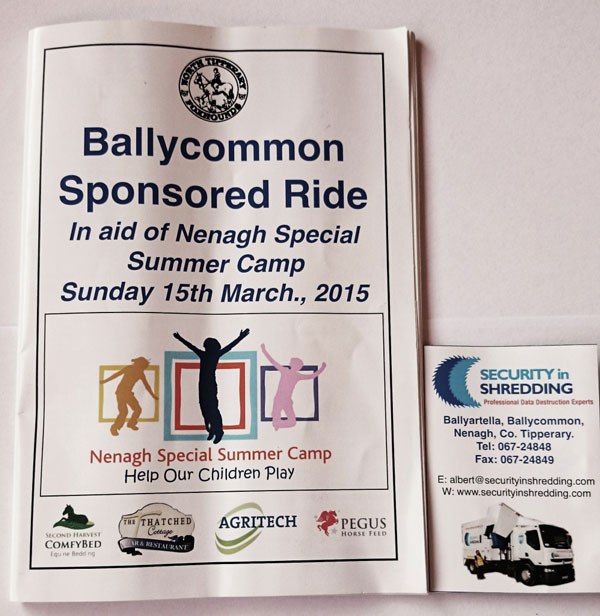 Security in Shredding sponsors Ballycommon Sponsored Ride 2015 in aid of Nenagh Special Summer Camp.